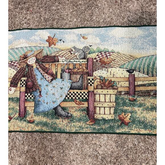 Vintage Debbie Mumm Tapestry Table Runner Tassels Farmhouse Fall Scarecrows - Picture 3 of 8